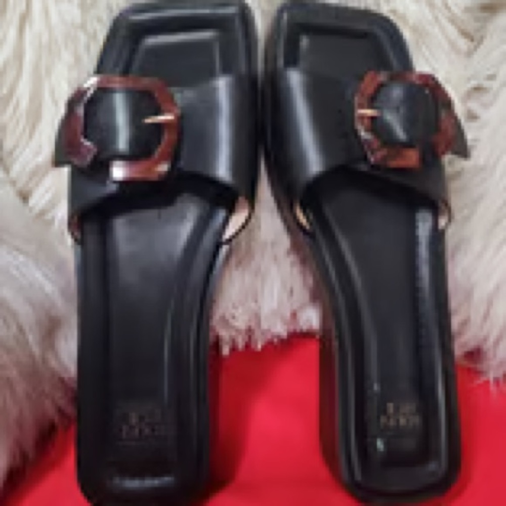 Elara | Leather Slides Sandals w/  Buckle Detail Wooden Heel Square Toe Fashion